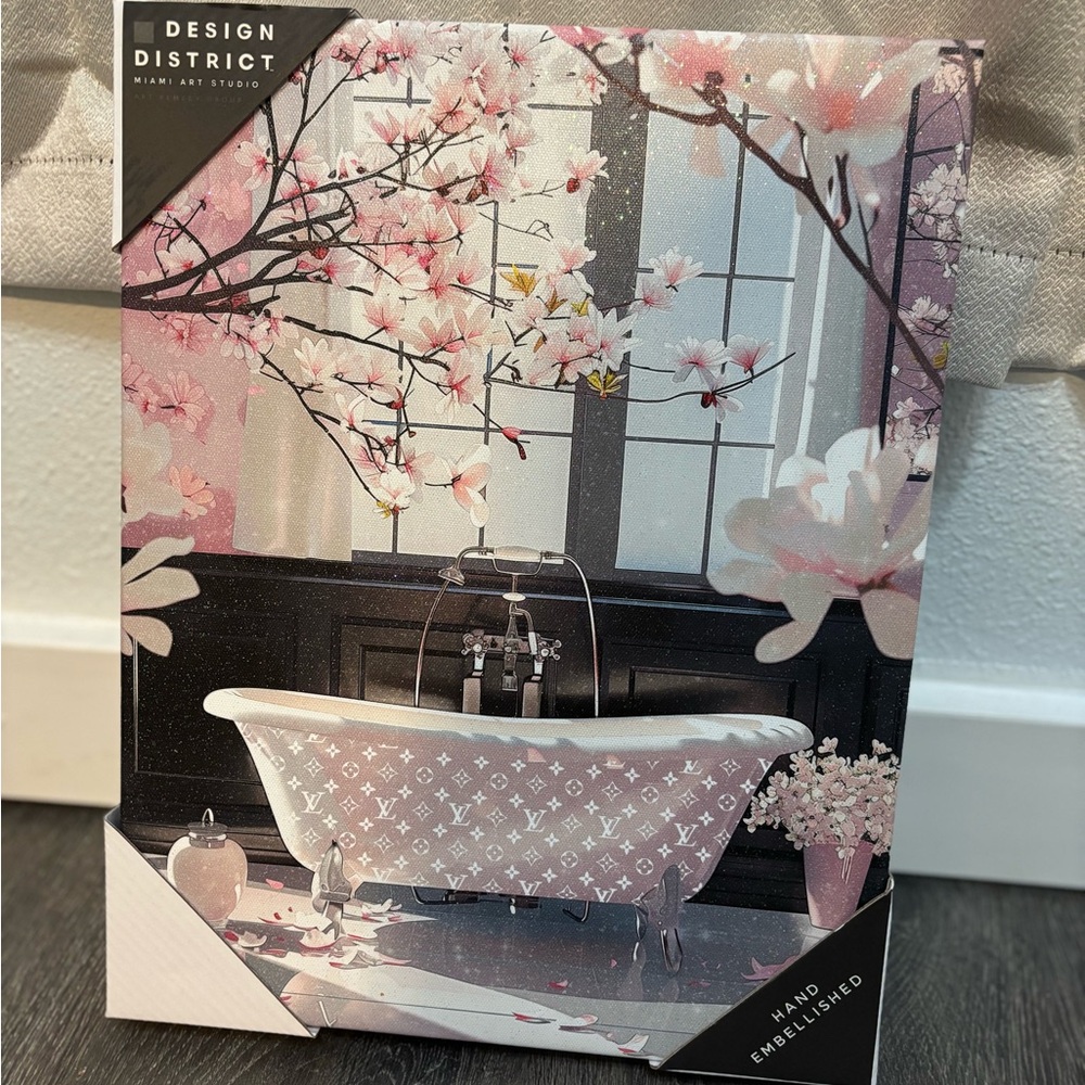 Design District Hand Embellished Art with Pink Blossoms